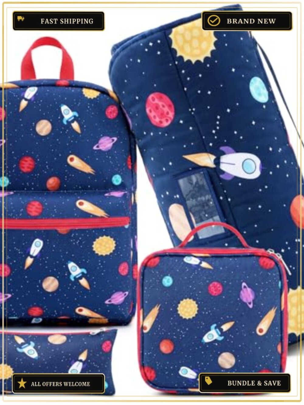 4 Pc Kids Backpack Set with Nap Mat Lunch Bag Pencil Case, Space Theme,